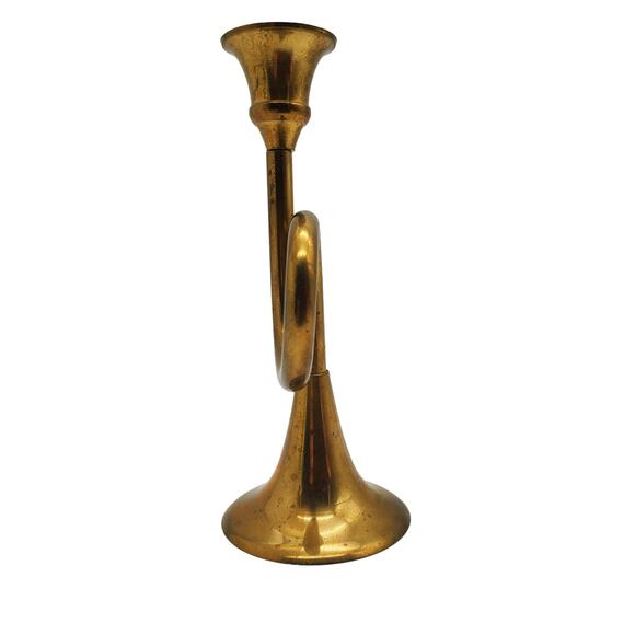 Brass Horn Candle Holder Trumpet Bugle Musical Instrument Home Decor Candlestick - Picture 4 of 6
